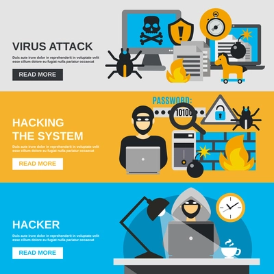 Hacker horizontal banner set with virus attack flat elements isolated vector illustration