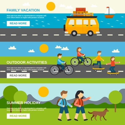 Outing horizontal banner set with outdoor activities elements isolated vector illustration