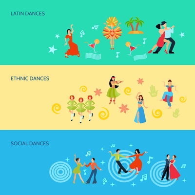 Horizontal flat style banners with latin ethnic and social dances isolated vector illustration