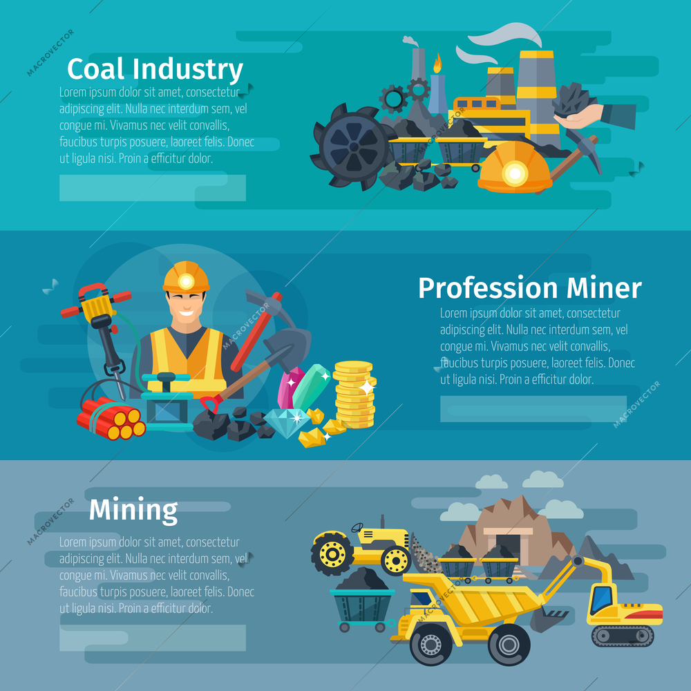 Mining horizontal banner set with coal industry flat elements isolated vector illustration