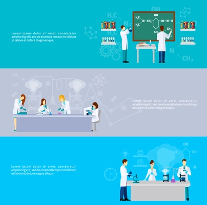 Scientist horizontal banner set with lab experiment elements isolated vector illustration