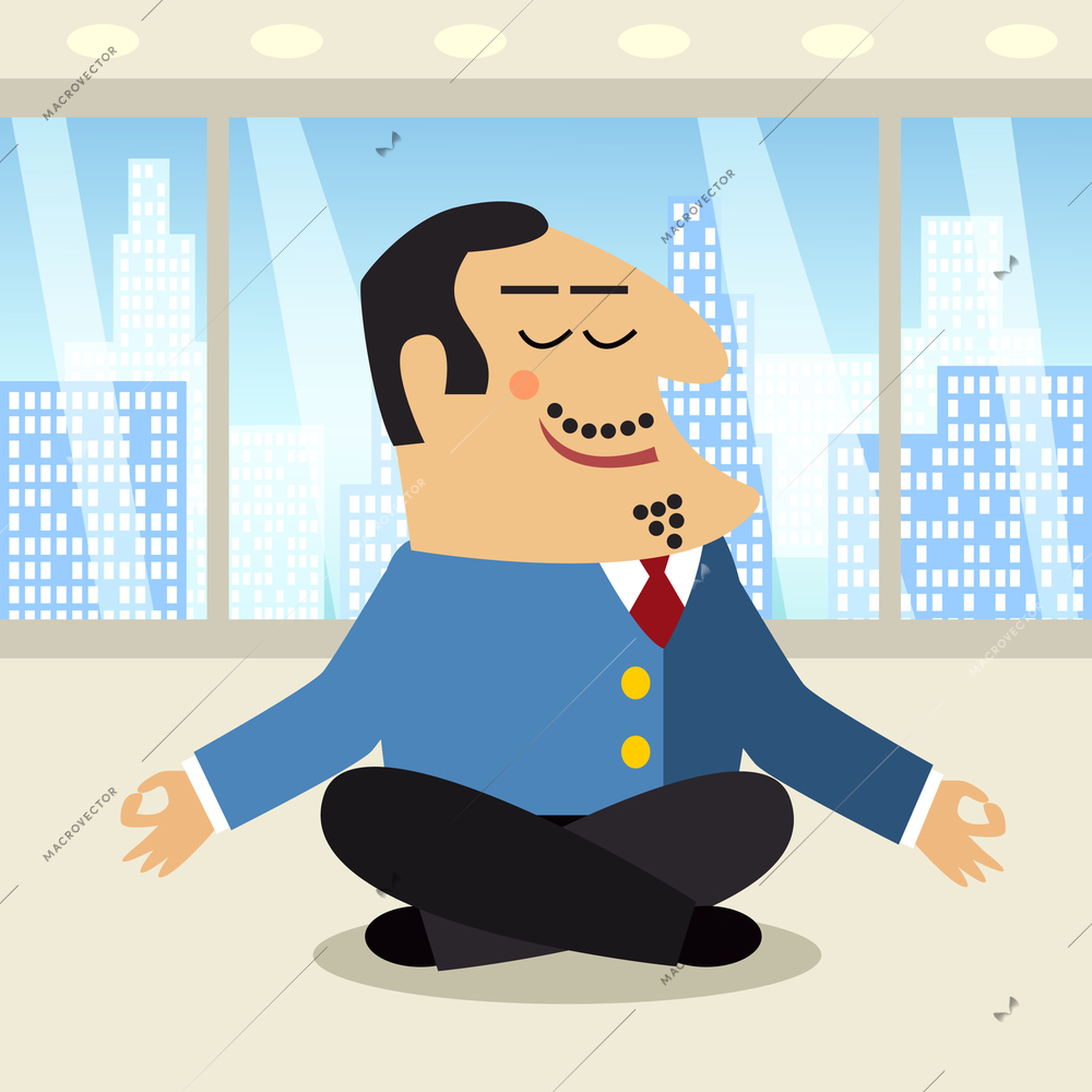 Business life boss meditating smiling legs crossed  in the lotus position scene concept vector illustration