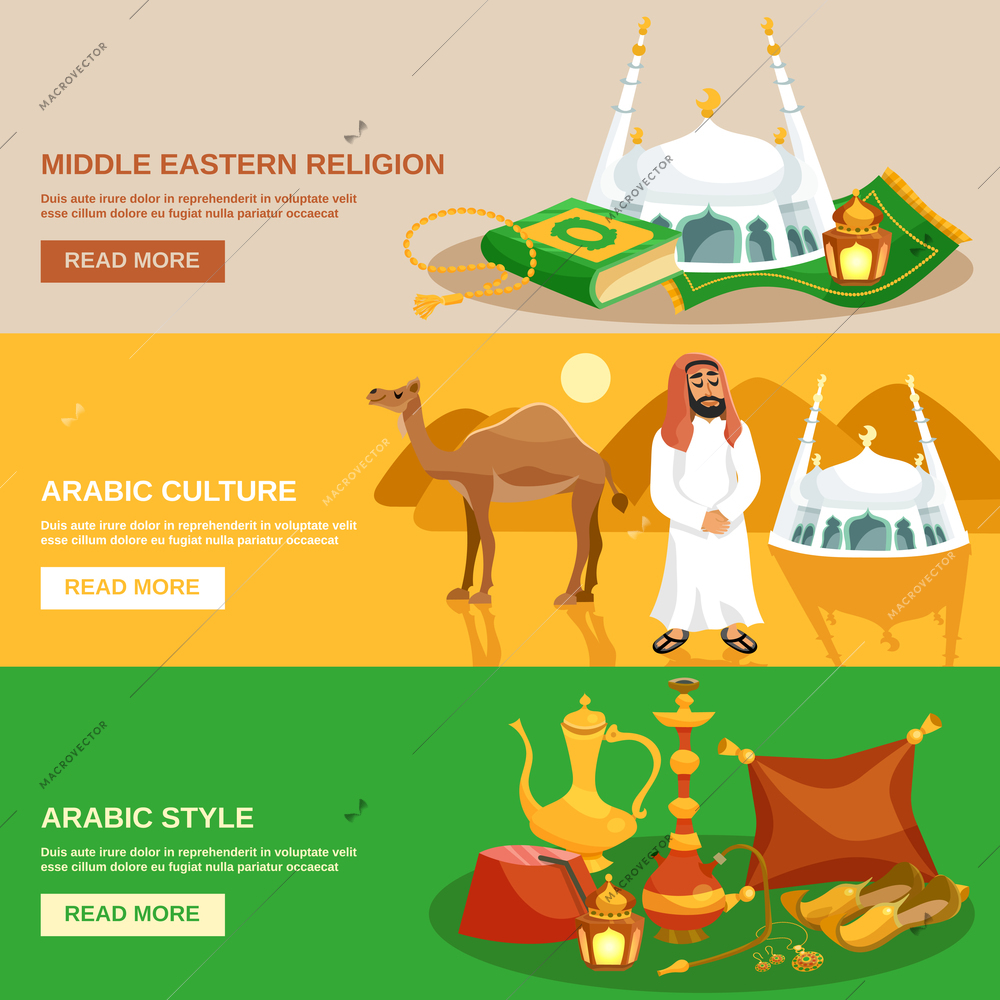 Arabic culture horizontal banner set with eastern religion symbols isolated vector illustration