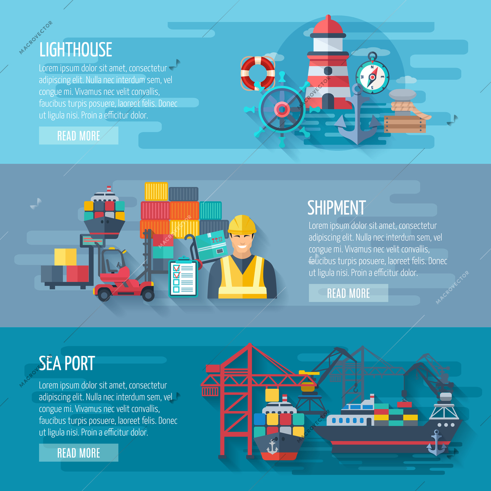 Sea port horizontal banner set with flat lighthouse and shipment elements isolated vector illustration