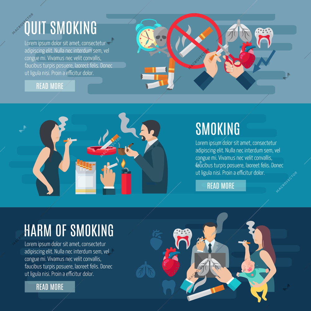 Smoking horizontal banner set with nicotine danger elements isolated vector illustration