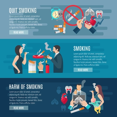 Smoking horizontal banner set with nicotine danger elements isolated vector illustration