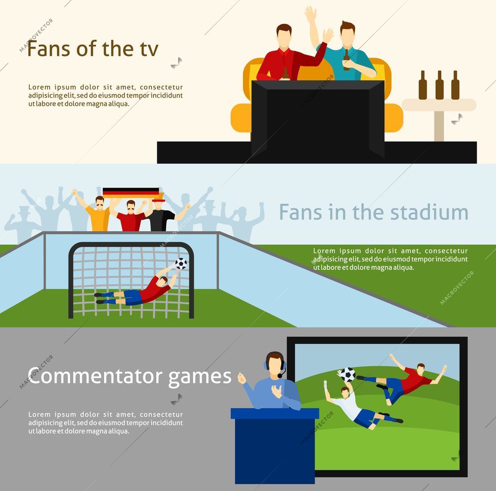 Soccer world cup tv spectators and fans at the stadium flat banners set abstract isolated vector illustration