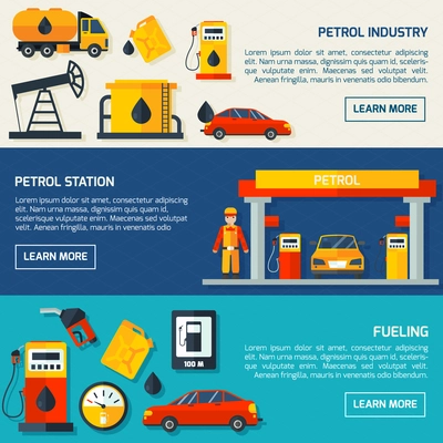 Gasoline petrol fuel and motor oil station flat banners set with service facilities abstract isolated vector illustration. Editable EPS and Render in JPG format