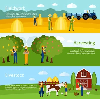 Hay harvesting fieldwork and domestic animals breeding farming 3 flat horizontal banners set abstract isolated vector illustration