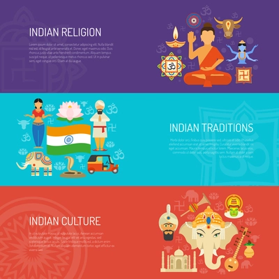 India horizontal banner set with culture and religion elements isolated vector illustration