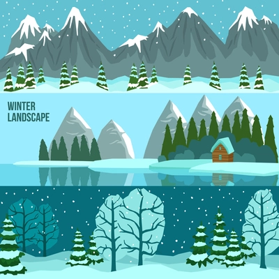 Three horizontal flat banners set of winter landscape with panoramas of mountains lake and forest vector illustration