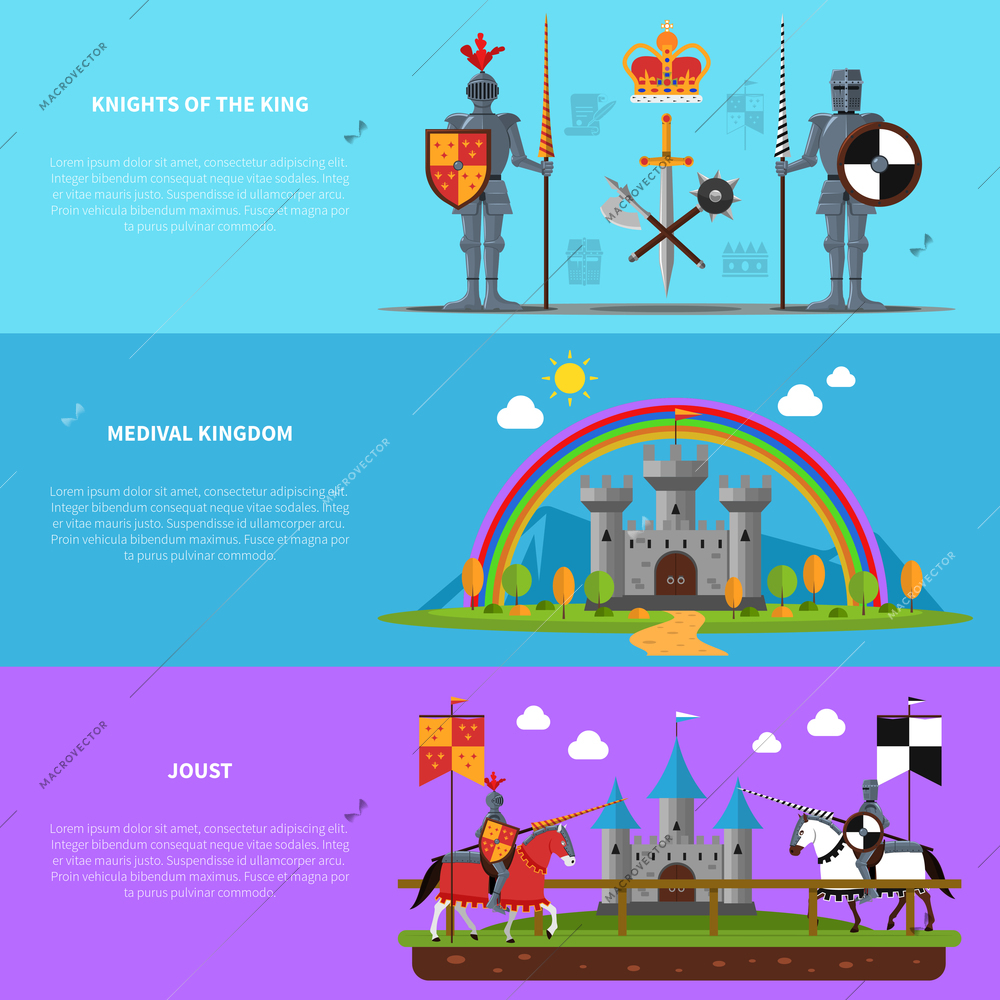 Medieval kingdom castle with heavily armored knights and horsemen flat horizontal banners set abstract isolated vector illustration