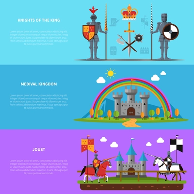 Medieval kingdom castle with heavily armored knights and horsemen flat horizontal banners set abstract isolated vector illustration