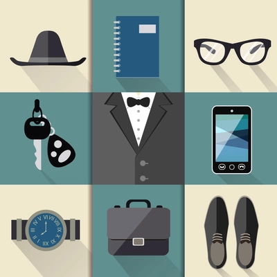 Gentleman business suit web design elements with watches hat glasses shoes and mobile phone folders vector illustration