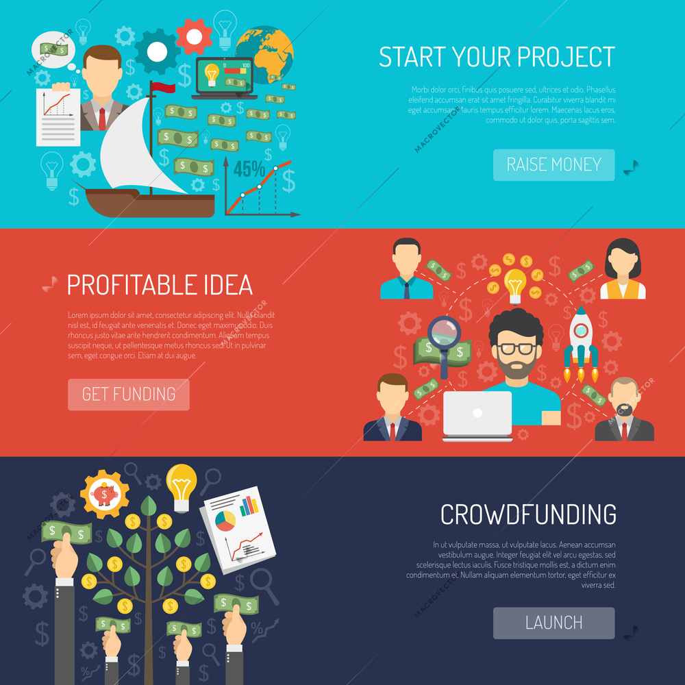 Crowdfunding horizontal banner set with startup idea and investment elements isolated vector illustration