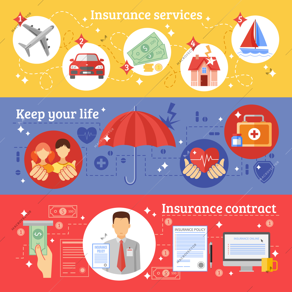 Insurance horizontal banners set with insurance services contract and keeping your life symbols flat isolated vector illustration