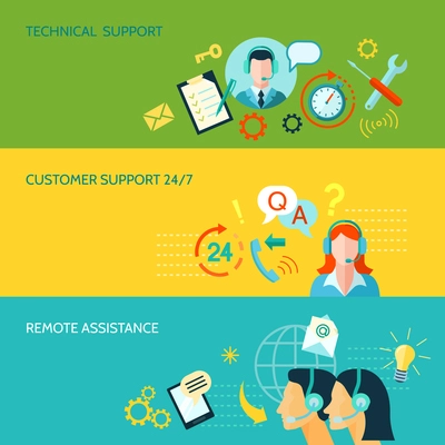 Customer support remote and technical assistance 3 horizontal flat style banners isolated vector illustration