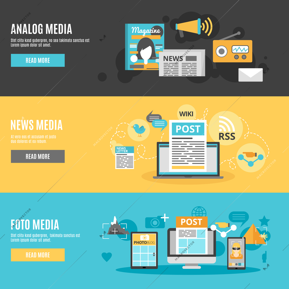 Media and press horizontal banners set with photo analog and news media symbols flat isolated vector illustration