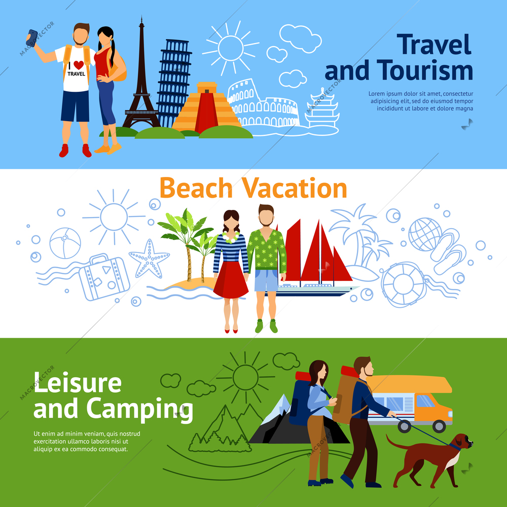 Horizontal flat banners set with three concepts travel and tourism beach vacations leisure and camping vector illustration