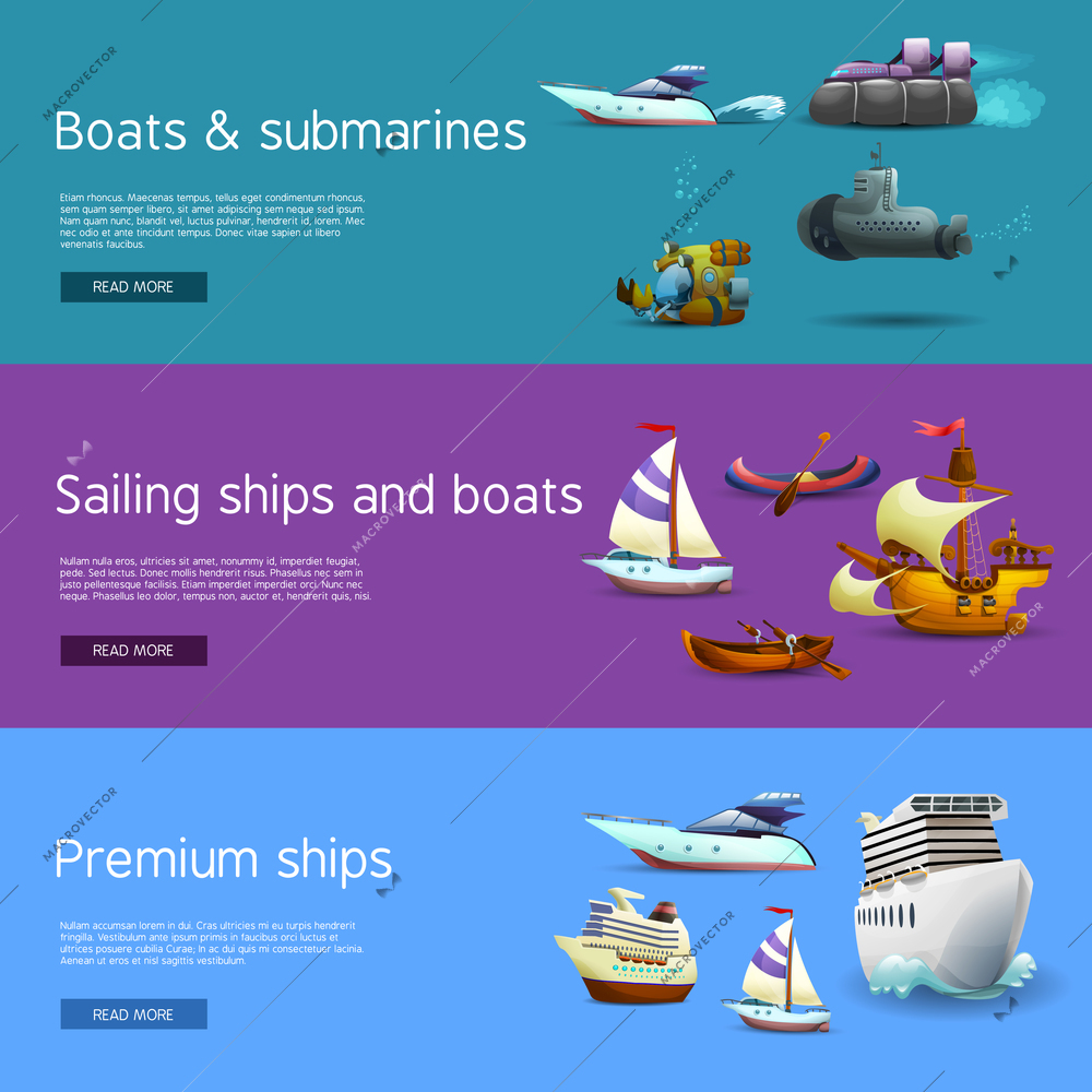 Ships and boats realistic horizontal banners set with submarines sailing and premium ships isolated vector illustration