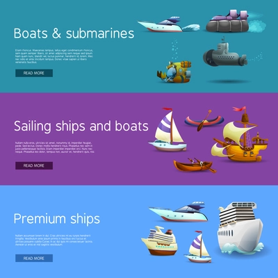 Ships and boats realistic horizontal banners set with submarines sailing and premium ships isolated vector illustration
