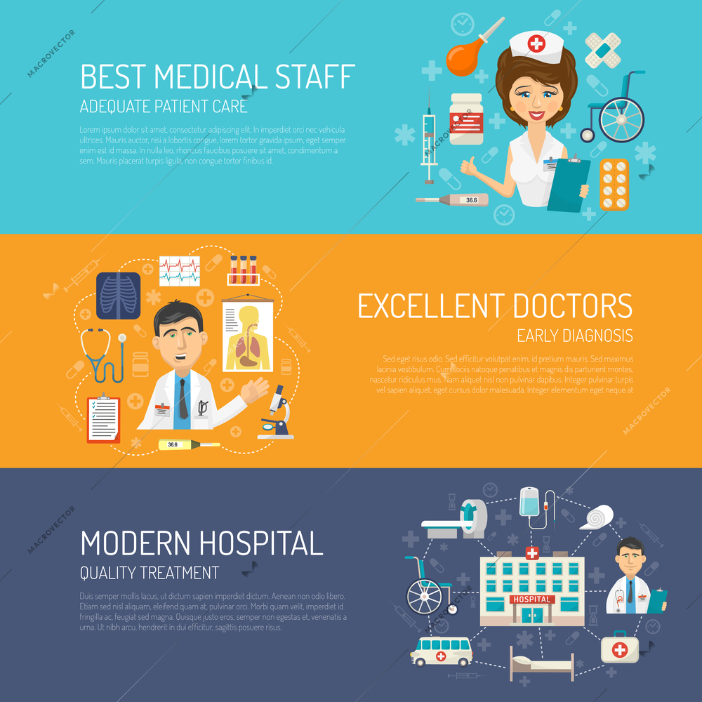 Medical care horizontal banner set with healthcare elements flat isolated vector illustration