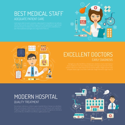 Medical care horizontal banner set with healthcare elements flat isolated vector illustration