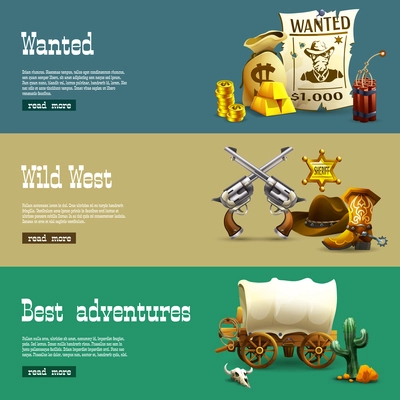 Wild west realistic horizontal banners set with best adventures symbols isolated vector illustration