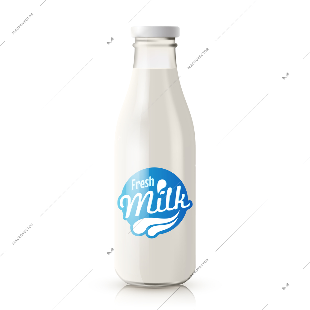 Classic glass milk bottle with blue label isolated on white background realistic vector illustration