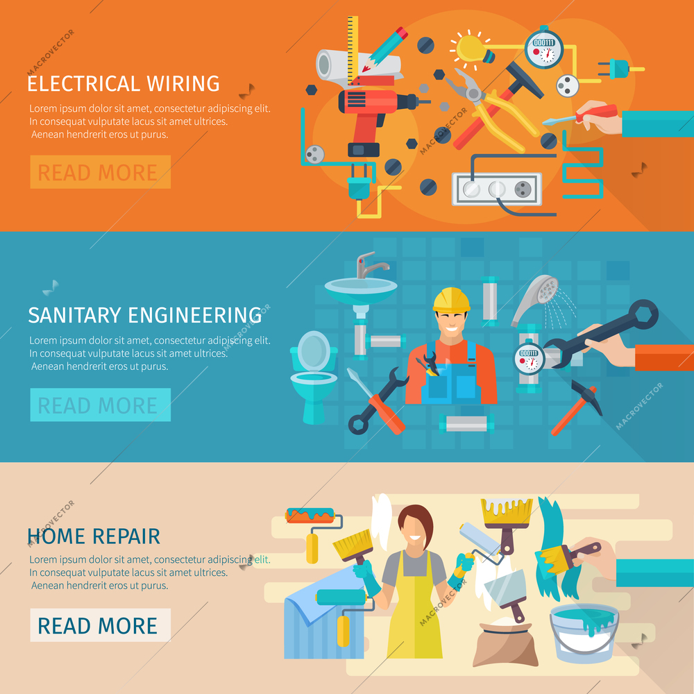 Home repair horizontal banner set with electrical wiring flat elements isolated vector illustration