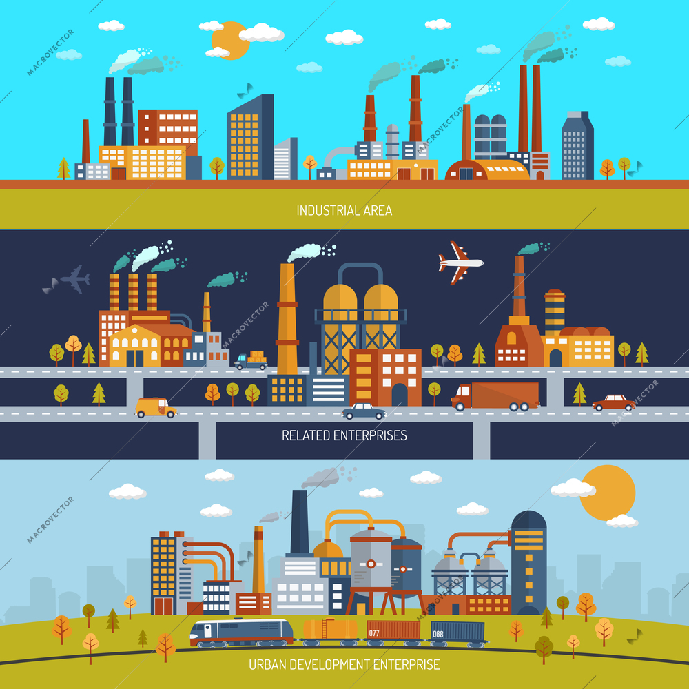 Factory horizontal banner set with industrial area buildings flat isolated vector illustration