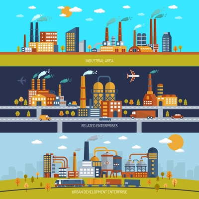 Factory horizontal banner set with industrial area buildings flat isolated vector illustration