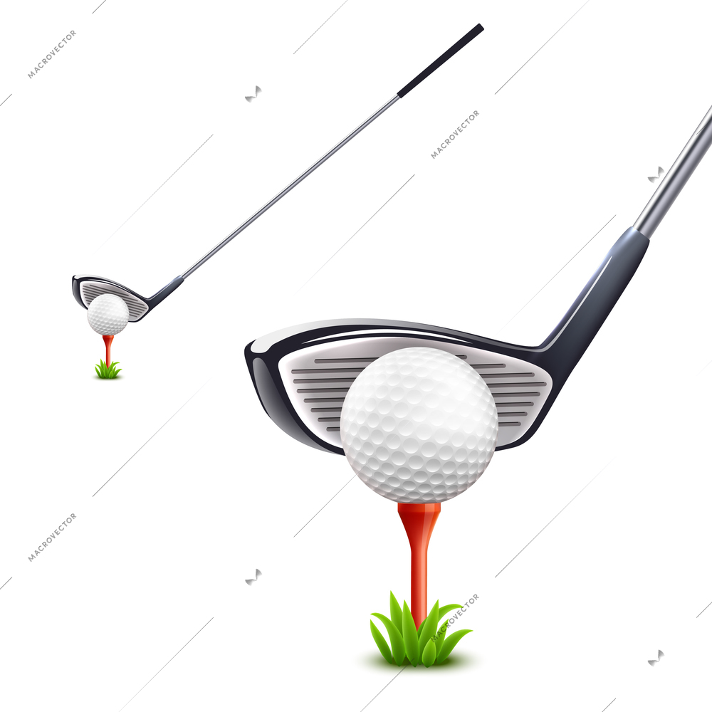 Golf realistic set with ball grass and club isolated vector illustration