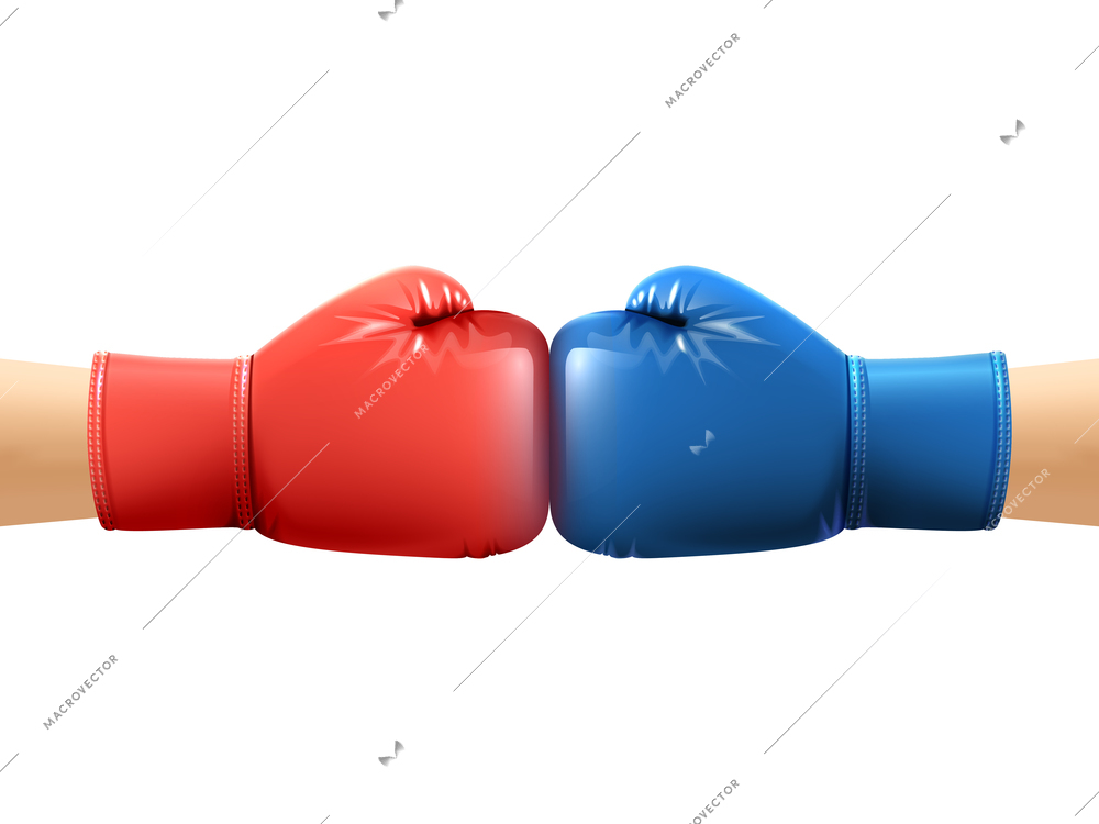 Two human hands in realistic boxing gloves punching vector illustration