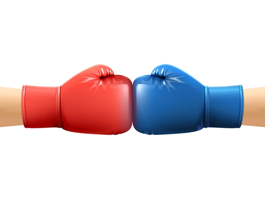 Two human hands in realistic boxing gloves punching vector illustration