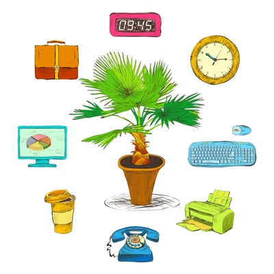 Business office stationery supplies icons set with decorative desktop dracaena palm isolated sketch vector illustration