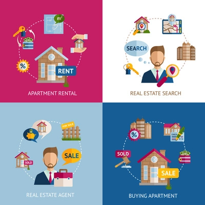 Real estate design concept set with apartment rental flat icons isolated vector illustration