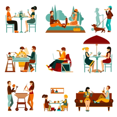 People eating out and an homes flat icons set isolated vector illustration