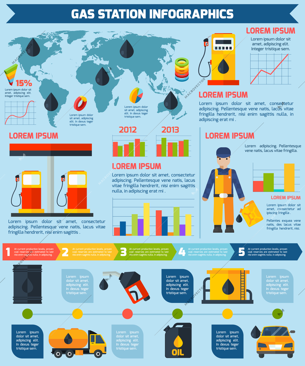 Gas petroleum diesel fuel service stations worldwide statistic infographic report with diagrams layout flat abstract vector illustration