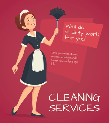 Cleaning service advertisement with cleaning woman in classic maid dress cartoon vector illustration