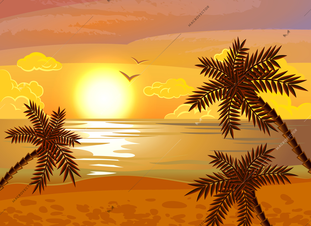 Tropical beach sunset exotic summer vacation poster with evening sea view and palms flat abstract vector illustration