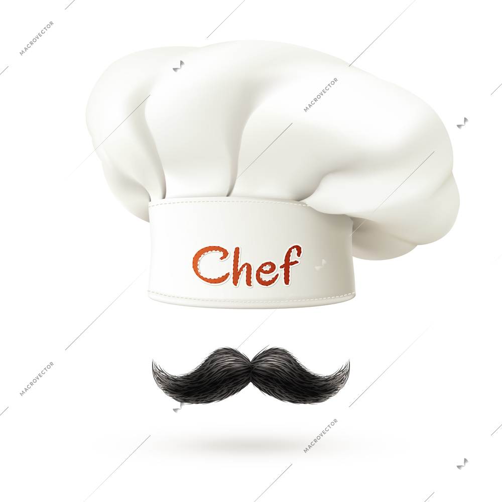 Chef realistic concept with white hat and mustache isolated vector illustration