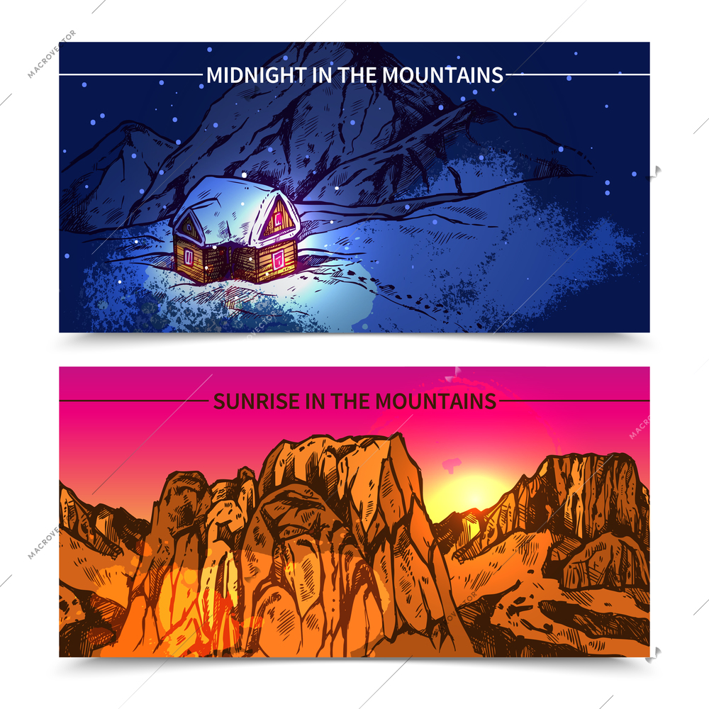 Sketch style 2 banners presenting winter midnight in mountains and sunrise in like canyon mountains vector illustration