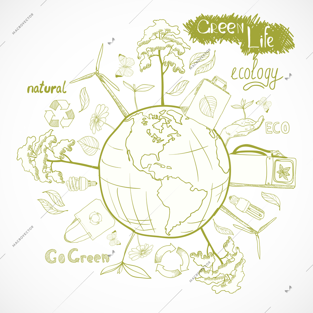 Doodle ecology and energy concept with tree leaf flower around the globe decorative elements vector illustration