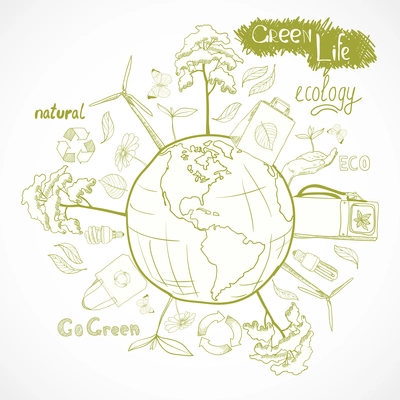 Doodle ecology and energy concept with tree leaf flower around the globe decorative elements vector illustration