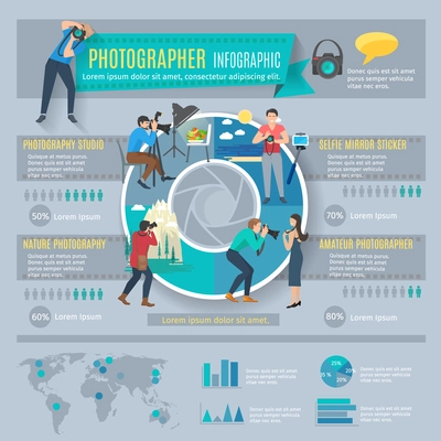 Photographer infographics set with people with photo cameras and charts vector illustration