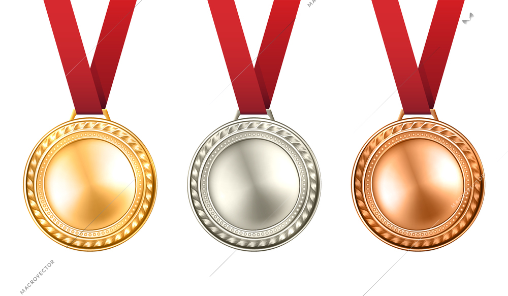 Gold silver and bronze medals set with ribbons realistic isolated vector illustration