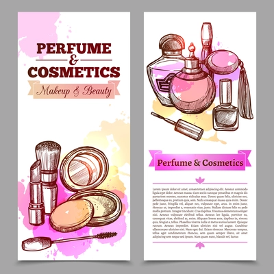 Vertical banners like perfume and cosmetics advertising booklet with text and hand drawn elements isolated vector illustration