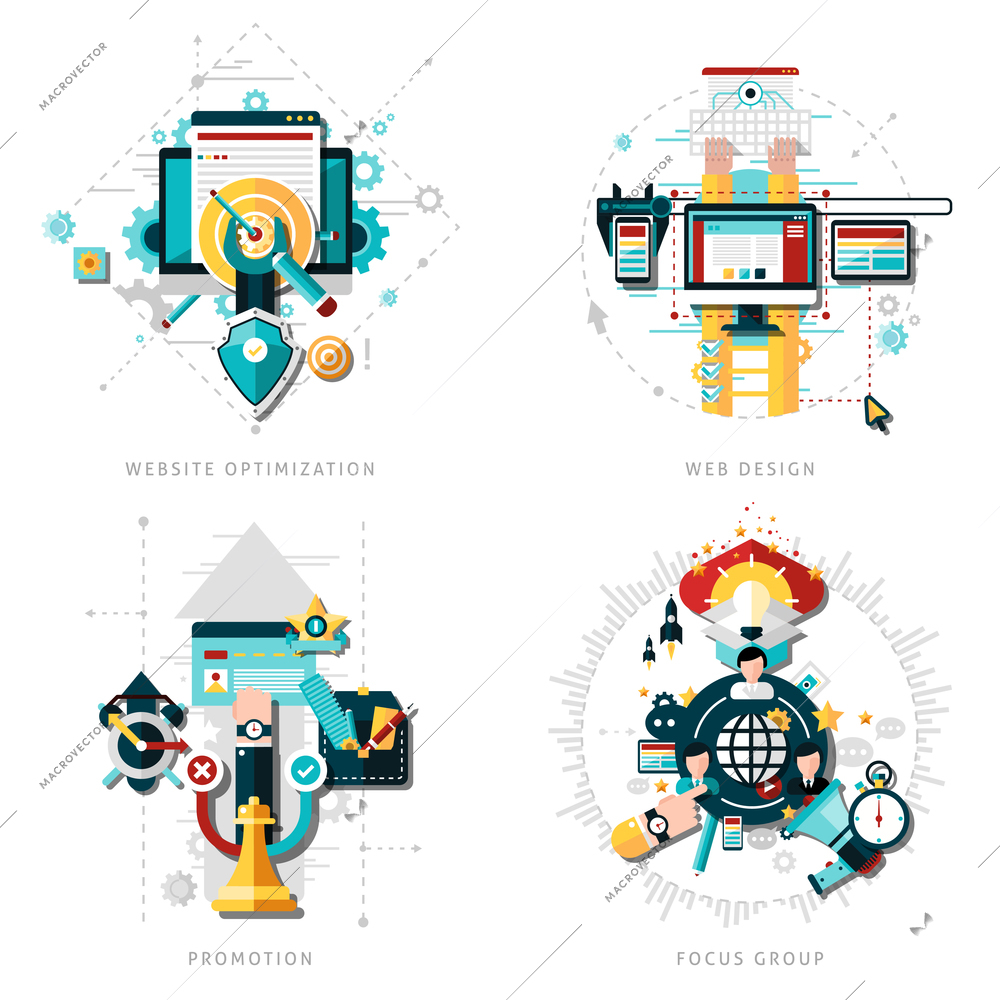 SEO development concept set with website optimization icons flat isolated vector illustration
