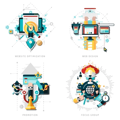 SEO development concept set with website optimization icons flat isolated vector illustration